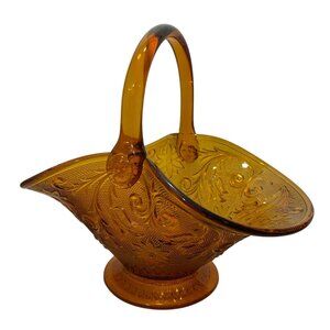 Vintage Collectible Art Deco Tiara Indiana Amber Sandwich Glass Handled Basket